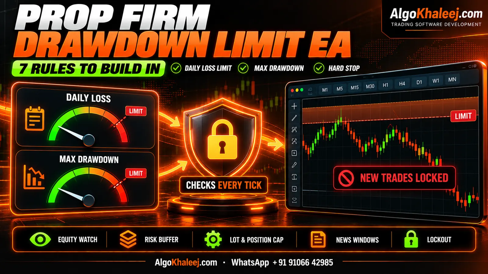 Prop firm drawdown limit EA: daily loss and max drawdown gauges, a lock that checks every tick and new trades locked at the limit