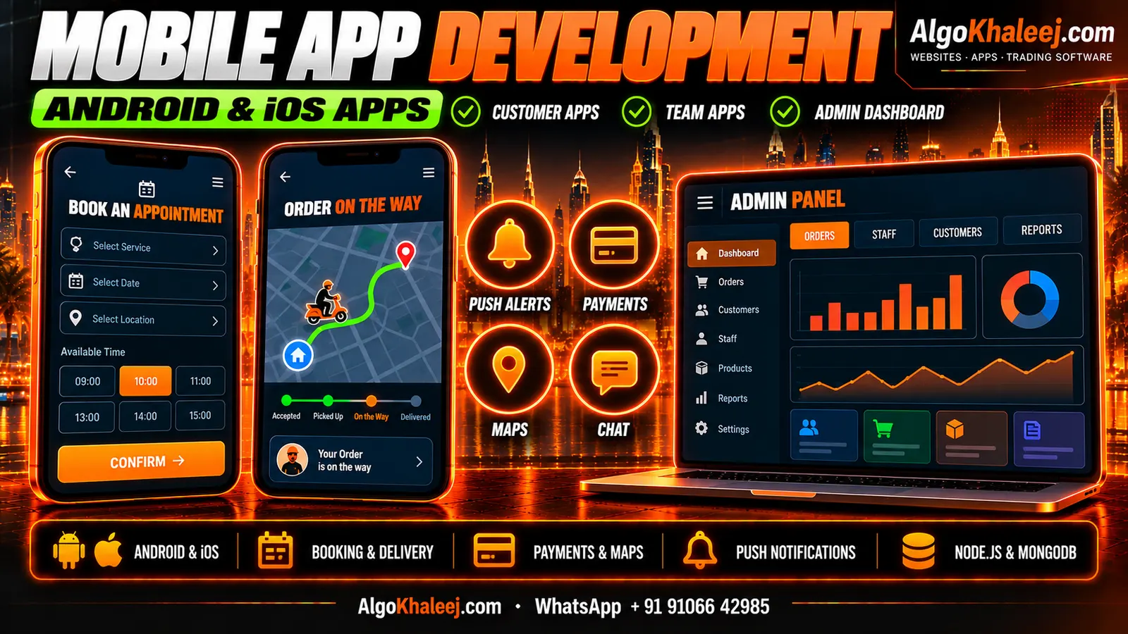 Mobile app development services: Android and iOS booking and delivery apps with push alerts, payments, maps and an admin panel