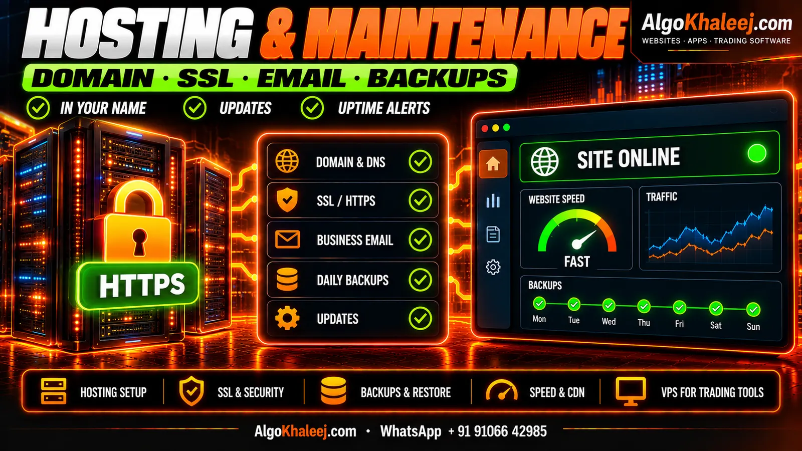 Website hosting and maintenance: domain and DNS, SSL, business email, daily backups and updates, with uptime and speed checks