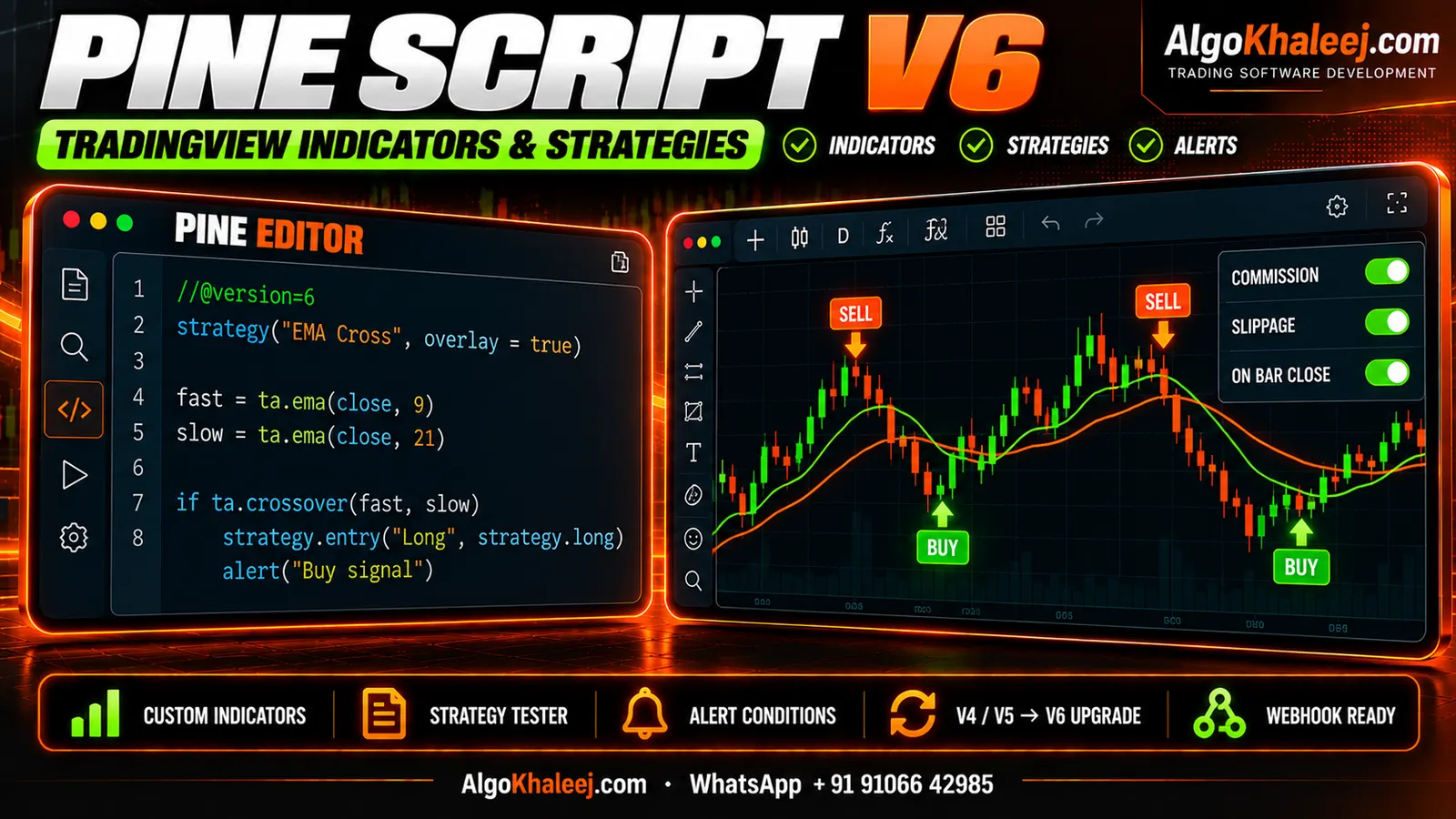 Pine Script v6 development: TradingView strategy code with EMA cross entries, alerts and strategy tester settings