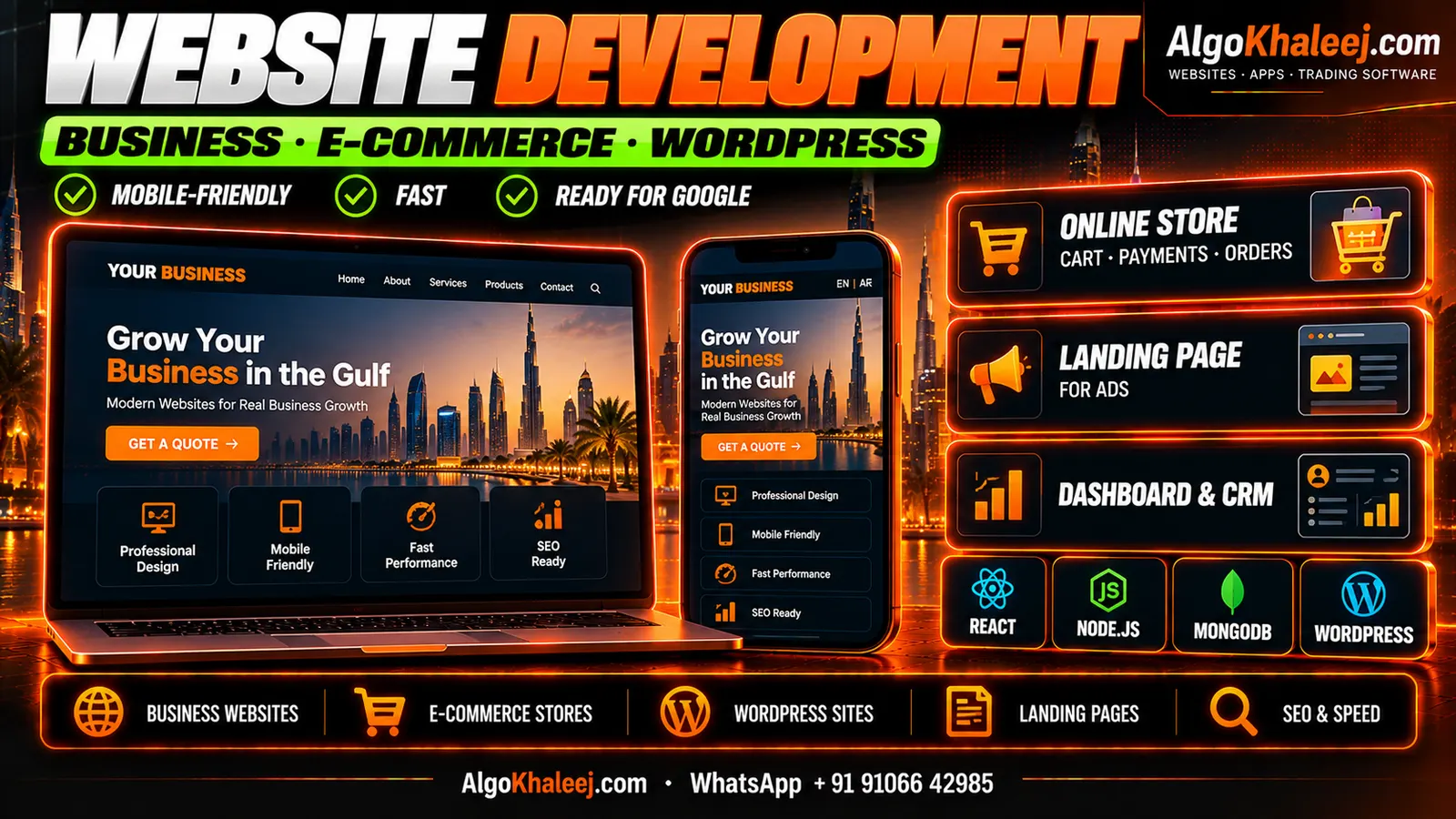 Website development services for GCC businesses: business websites, online stores, WordPress sites, landing pages and dashboards built with React, Node.js and WordPress